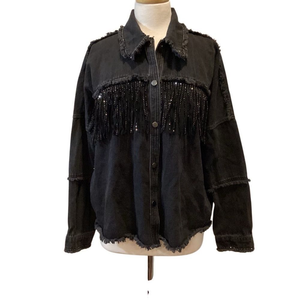 ZARA Womens Black Denim Raw Hem Jacket Jewel Trim Rhinestone Fringe Size M
